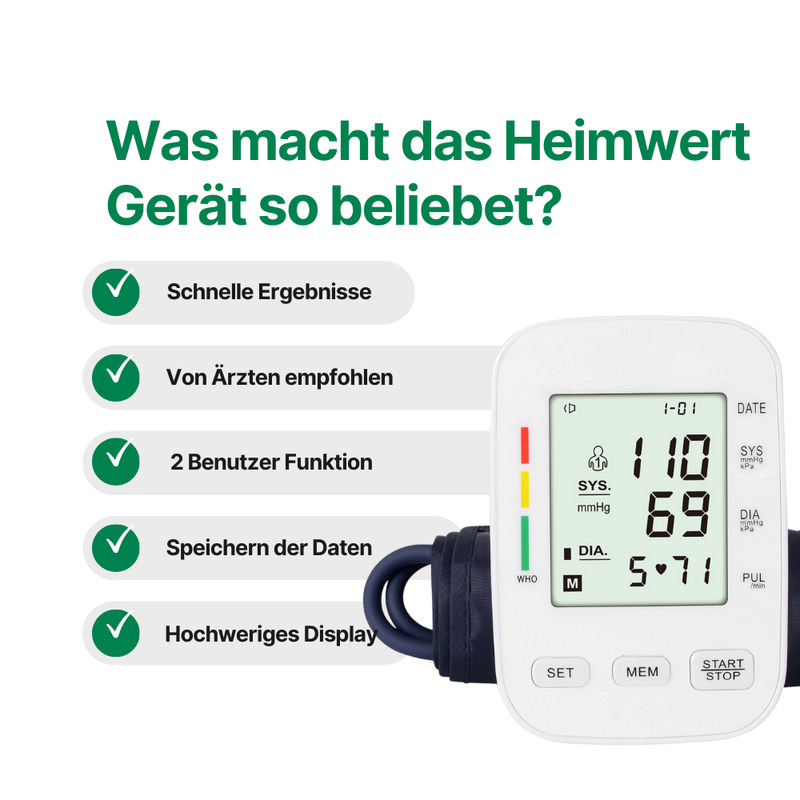 Blutdruckmessgerät mit digitalem Display / Mit komfortabler Manschette und Speicherfunktion / Blutdruck- und Pulsmessung